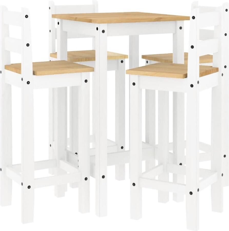 VidaXL 5-delige Barset Grenenhout Wit Bartafel Houten Bartafel Barstool Stoffen Barkruk Granenhouten Meubels Bistro Tafeltje Kleine Bartafel