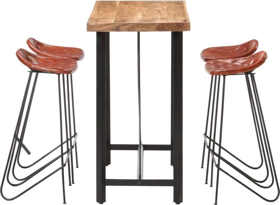 VidaXL 5-delige Barset Massief Hout & Echt Leer Barstoel Industrieel Design Houten Tafel Lederen Zetels Salon Meubilair