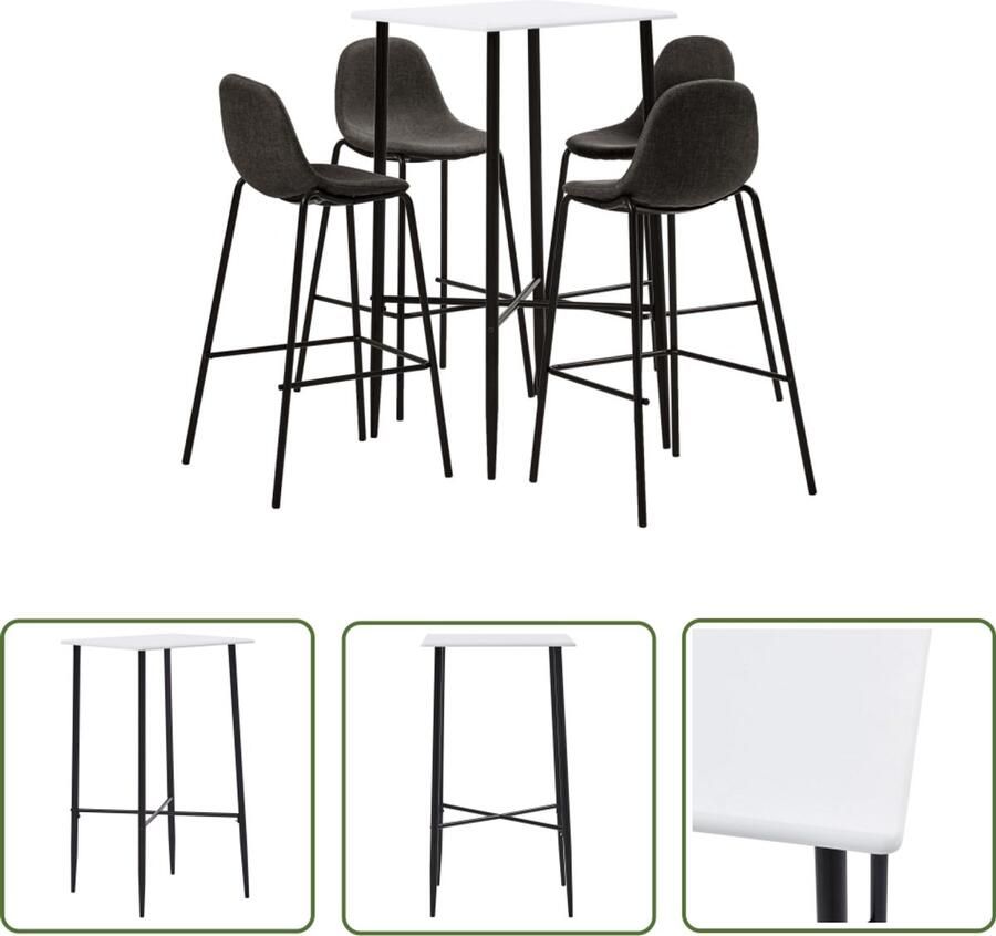 VidaXL 5-delige Barset Stof Donkergrijs & Wit Barset Bartafel Barstoelen Moderne Meubels Witte Meubels Grijze Meubels MDF Metaal Stof