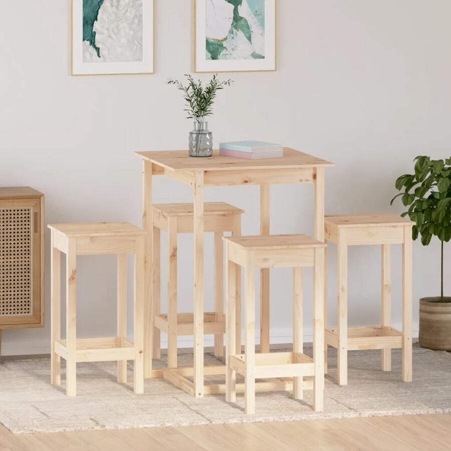 The Living Store Houten bartafel set Grenenhout 80 x 80 x 110 cm Inclusief 4 barstoelen Bartafel Houten Bartafel Grenenhouten Bartafel Barset Eetkamerset