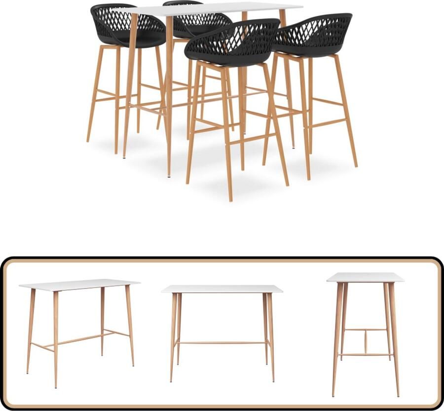The Living Store Bartafel Wit 120x60x105 cm MDF en Metaal Poten met Hout-look Inclusief 4 Barkrukken+Zwart 48x47.5x95.5 cm PP en Metaal 74.5 cm Zithoogte Lage Rugleuning met Mesh-look