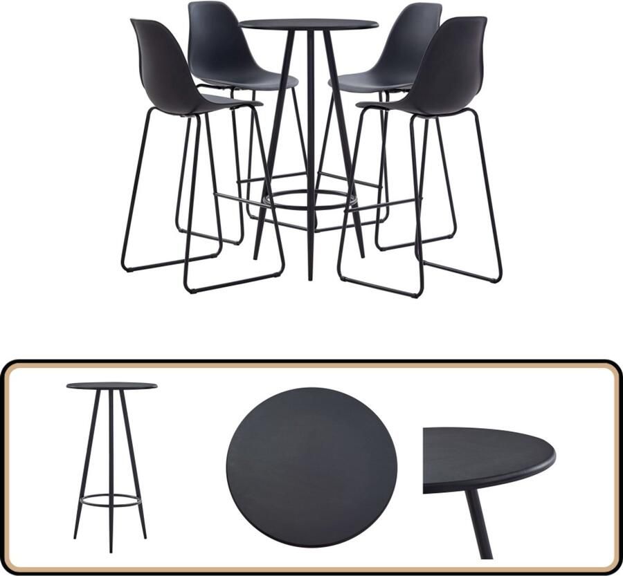 VidaXL 5-delige Barset Zwart Bartafel met 4 Stoelen Bar Set Bistro Set Eetkamerset Zwarte Barset Bartafels - Foto 2