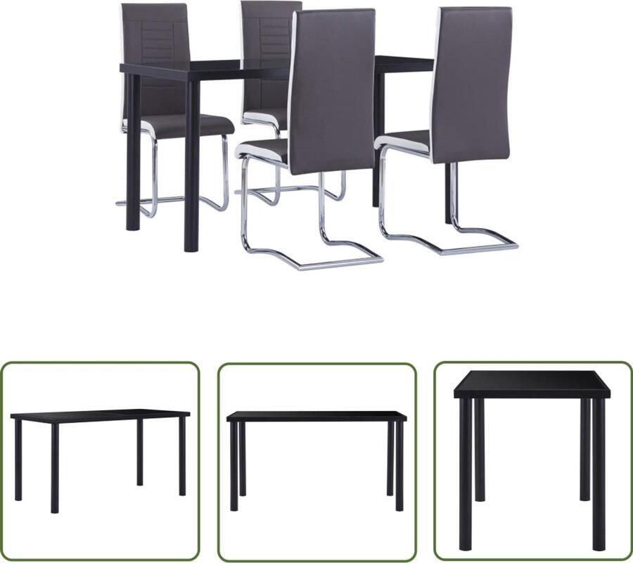 VidaXL 5-delige Eethoek zwart met grijs kunstleer Eetkamerset Eettafel Met Glazen Blad Kunstlederen Stoelen Moderne Eettafel Salontafel Dining Set Eetkamer Meubels