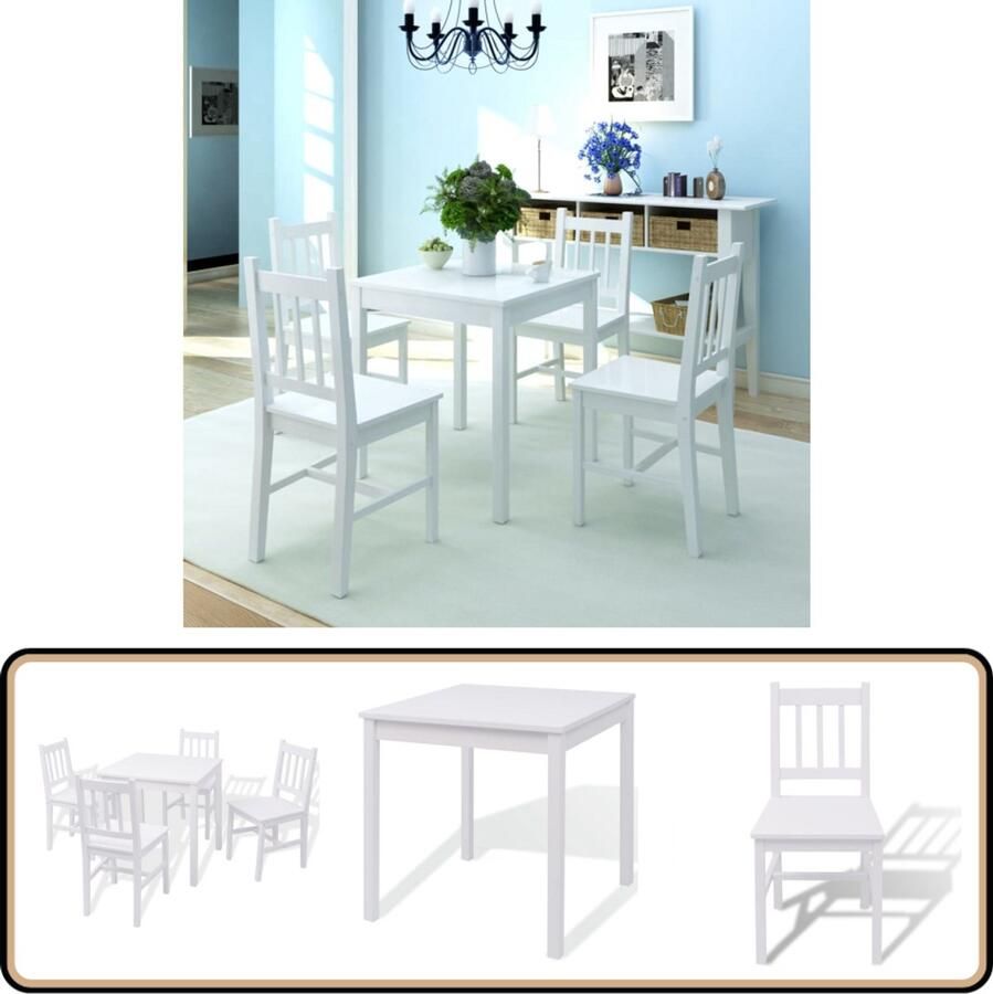 VidaXL 5-delige Eetkamerset van Grenenhout Wit Eetkamerset Eettafel Stoelen Grenenhout Wit Modern Compact Stijlvol