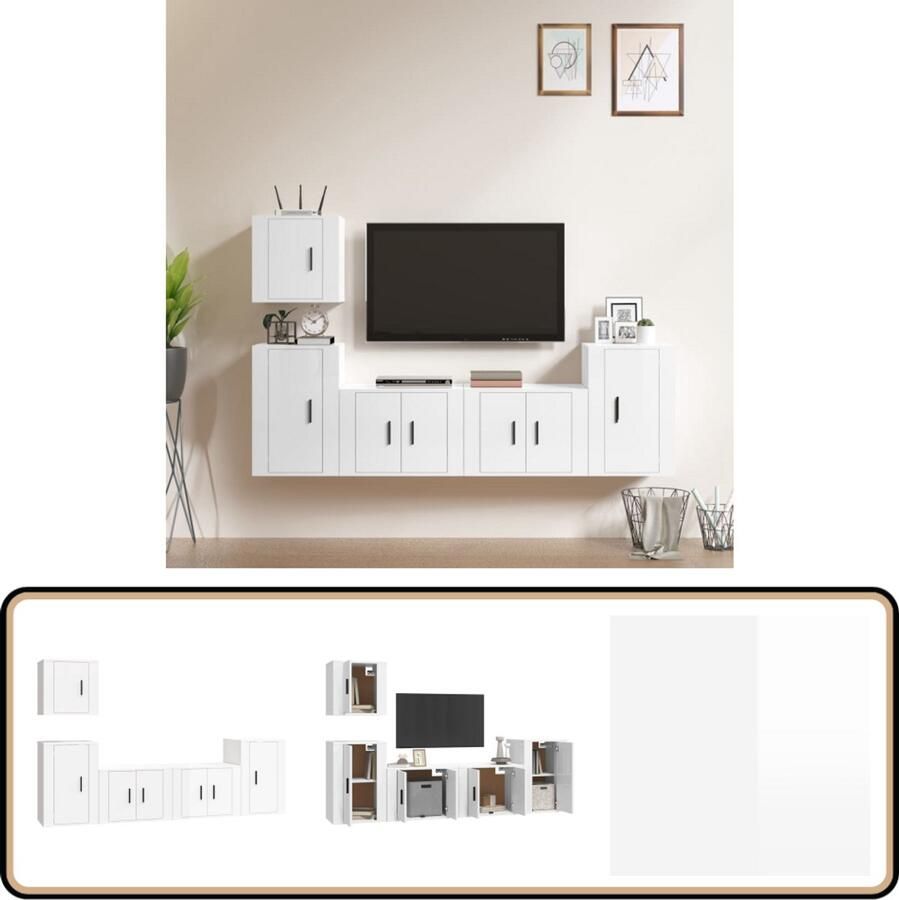 VidaXL 5-delige hoogglans witte tv-meubelset Televisiesecretaris Salontafel Kastje Houten Meubilair Wit Meubilair Wandmontage Opbergruimte