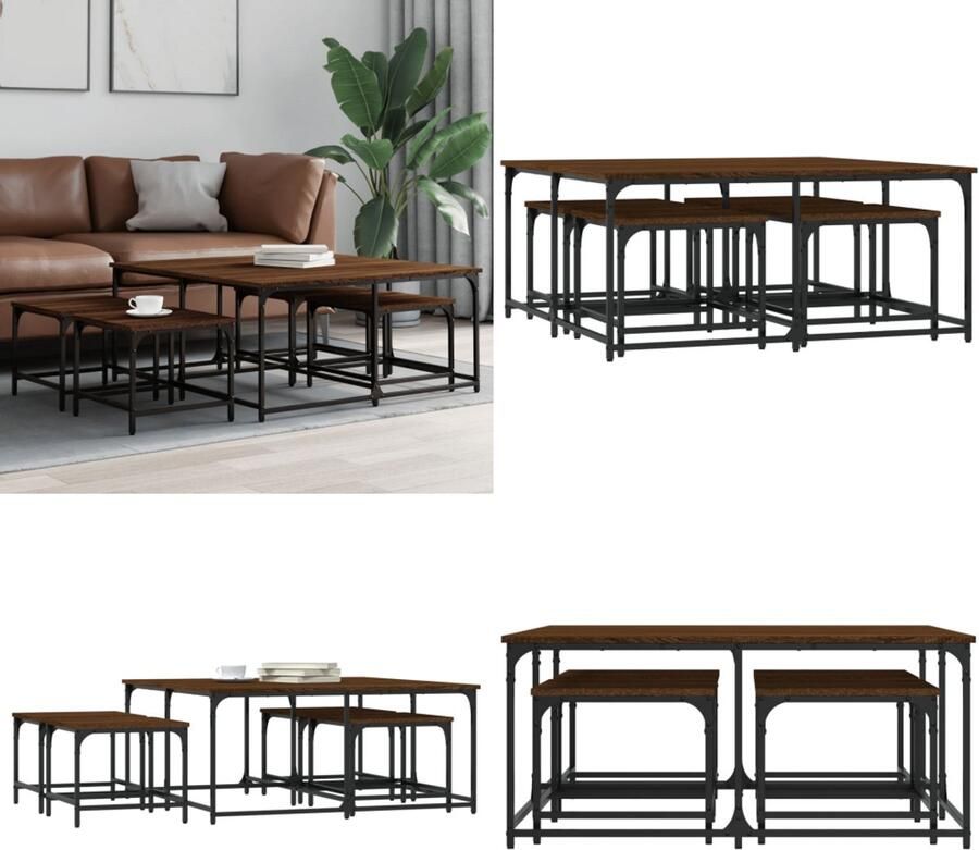 VidaXL 5-delige Tafeltjesset bewerkt hout bruin eikenkleur Nesttafel Nesttafels Bijzettafel Banktafel