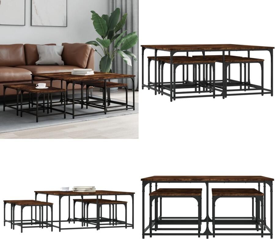 VidaXL 5-delige Tafeltjesset bewerkt hout gerookt eikenkleurig Nesttafel Nesttafels Bijzettafel Banktafel