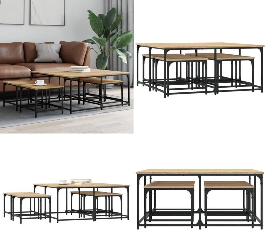 VidaXL 5-delige Tafeltjesset bewerkt hout sonoma eikenkleurig Nesttafel Nesttafels Bijzettafel Banktafel