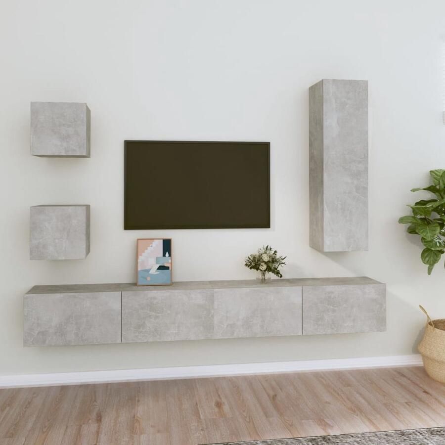 VidaXL 5-delige Tv-meubelset betongrijs hout TV Kast Salontafel Houten Tv-meubel Wandmontage Opbergruimte Grijs - Foto 2