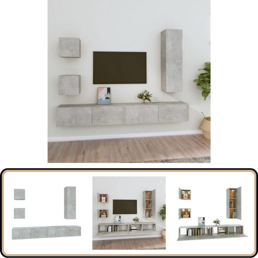 VidaXL 5-delige Tv-meubelset betongrijs hout TV Kast Salontafel Houten Tv-meubel Wandmontage Opbergruimte Grijs