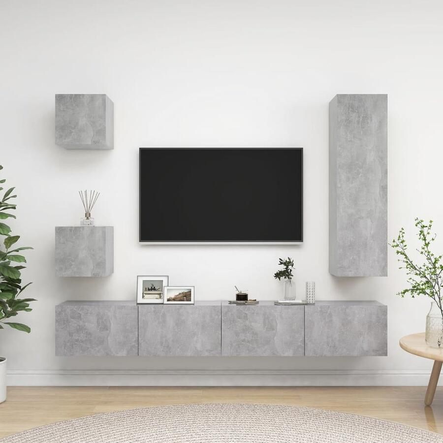 VidaXL 5-delige Tv-meubelset Betongrijs Spaanplaat Tv Kast Tv Meubel Salontafel Media Kast Wandmontage Beton Grijs Houten Kast - Foto 2