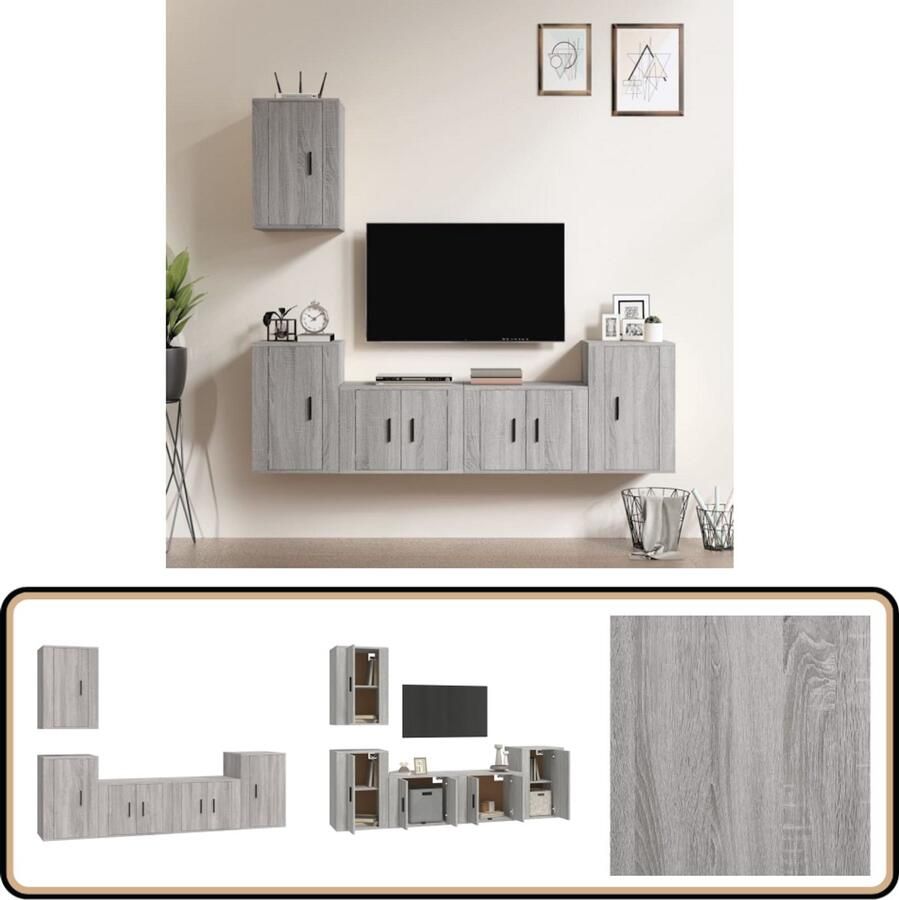 VidaXL 5-delige Tv-meubelset Grijs Sonoma Eiken TV-meubel Salontafel Houten Tv-stand Grijze Tv-kast Sonoma Eiken Wandmontage