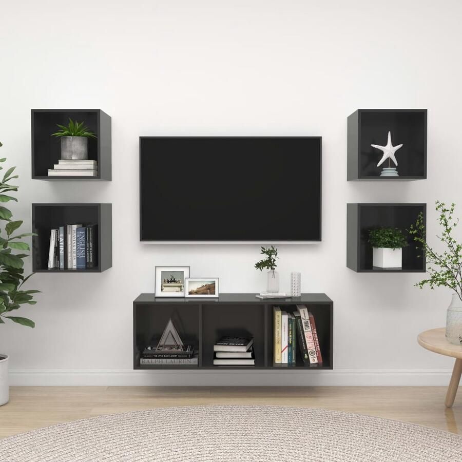 VidaXL 5-delige Tv-meubelset hoogglans grijs Tv Kasten Tv Meubel Salontafel Woonkamerinrichting Houten Tv Stand Houtskelet