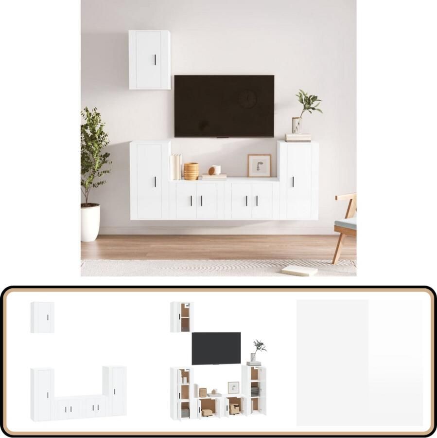 VidaXL 5-delige Tv-meubelset Hoogglans Wit TV Kast Salon Meubilair Houten Tv Stand Tv Tafel Videokast Mediabox Opbergruimte Wandmontage