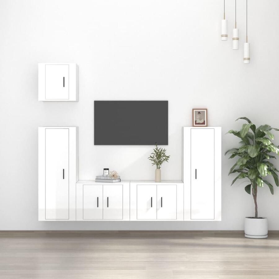 VidaXL 5-delige tv-meubelset hoogglans wit Tv-meubel Tv-stand Salontafel Houten Tv-meubel Klassiek Tv-meubel Wit Tv-meubel Mediastand Opbergruimte Wandmontage - Foto 2