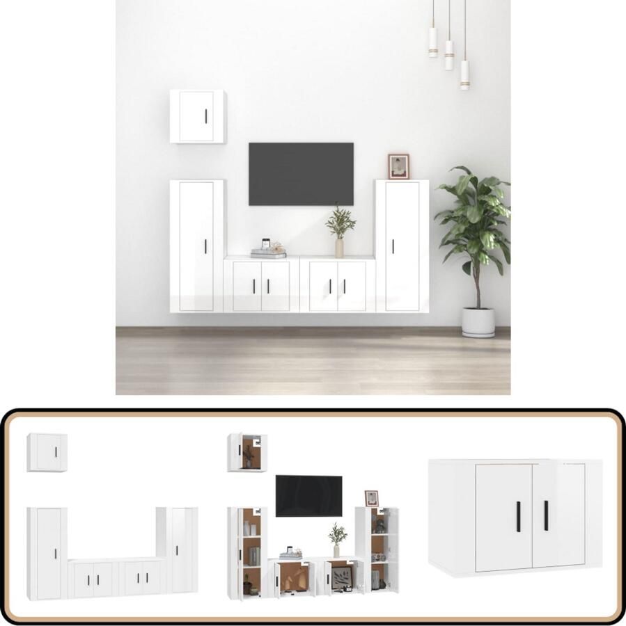 VidaXL 5-delige tv-meubelset hoogglans wit Tv-meubel Tv-stand Salontafel Houten Tv-meubel Klassiek Tv-meubel Wit Tv-meubel Mediastand Opbergruimte Wandmontage