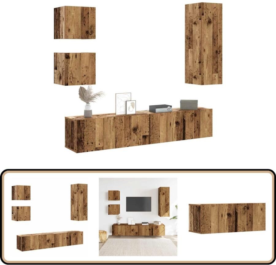 VidaXL 5-delige Tv-meubelset oud houtkleurig Tv Meubels Houten Tv Kast Salontafel Media Kast Wandmontage Tv Unit