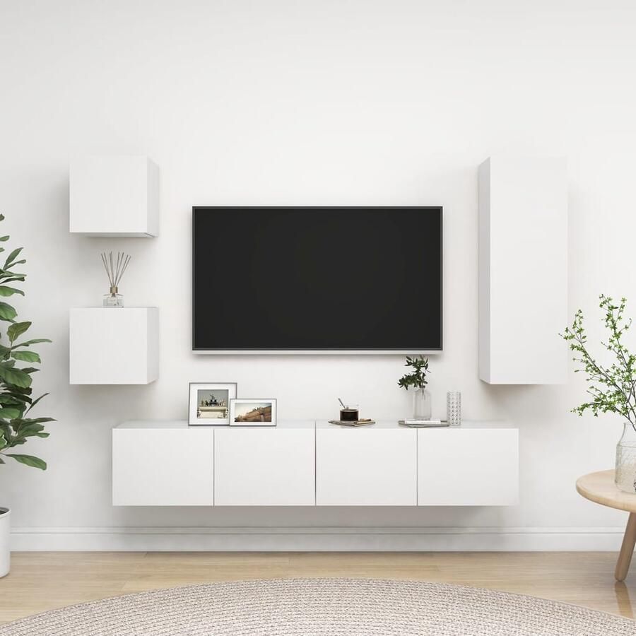 VidaXL 5-delige Tv-meubelset Wit Bewerkt hout Televisiescherm Tv Kast Wandmontage Opbergruimte Houten Meubels Witte Meubelen Salontafel Woonkamerdecoratie Livingroom Furniture Interieurdesign - Foto 2