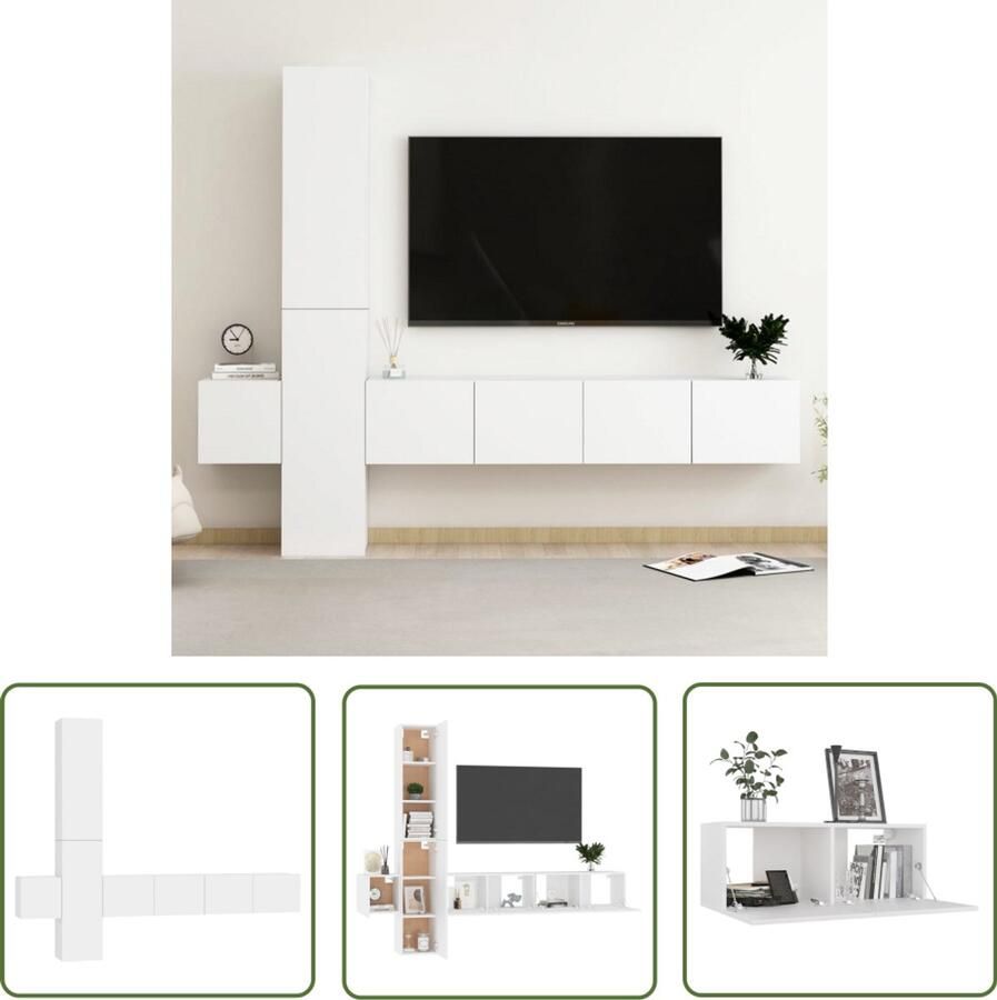 VidaXL 5-delige Tv-meubelset Wit Hout Tv Meubel Televisiescherm Salontafel Houten Tv Stand Tv Kast Media Kast Videowerkbank Living Room Furniture Woonkamer Meubilair