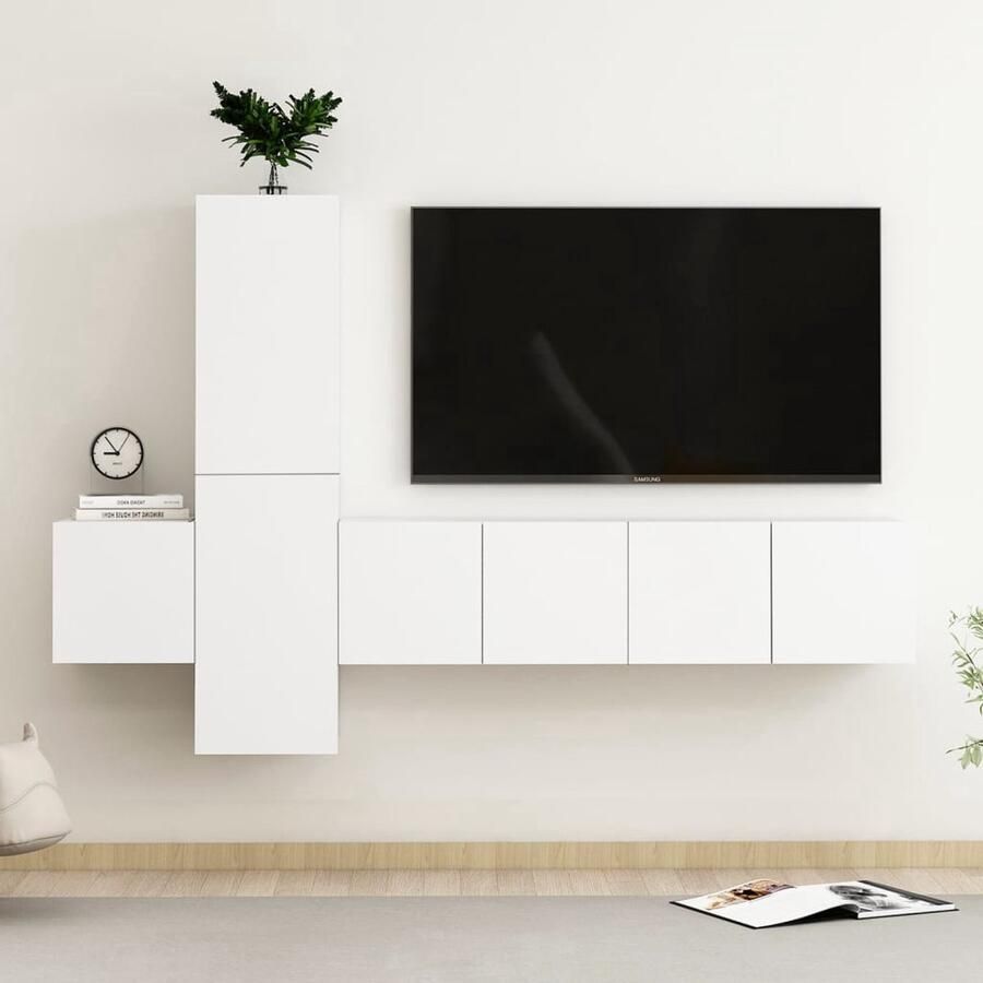 VidaXL 5-delige Tv-meubelset wit hout Tv Meubel Wandmontage Houten Tv Stand Salontafel Living Room Furniture