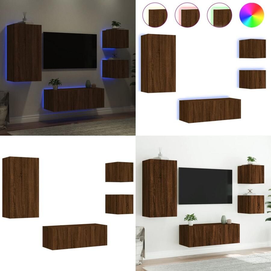 VidaXL 5-delige Tv-wandmeubelset met LED bewerkt hout bruineikenkleur Tv-wandmeubel Tv-wandmeubels Tv-meubel Televisiemeubel