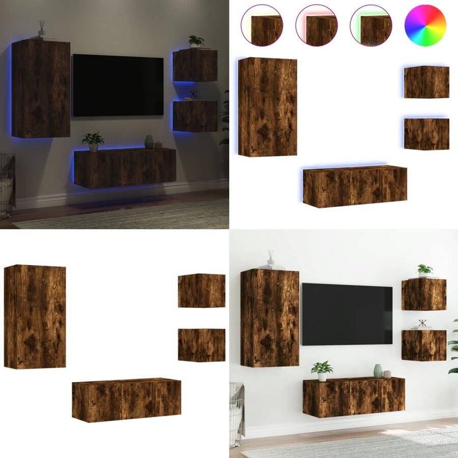 VidaXL 5-delige tv-wandmeubelset met LED bewerkt hout gerookt eiken Tv-wandmeubel Tv-wandmeubels Tv-meubel Televisiemeubel