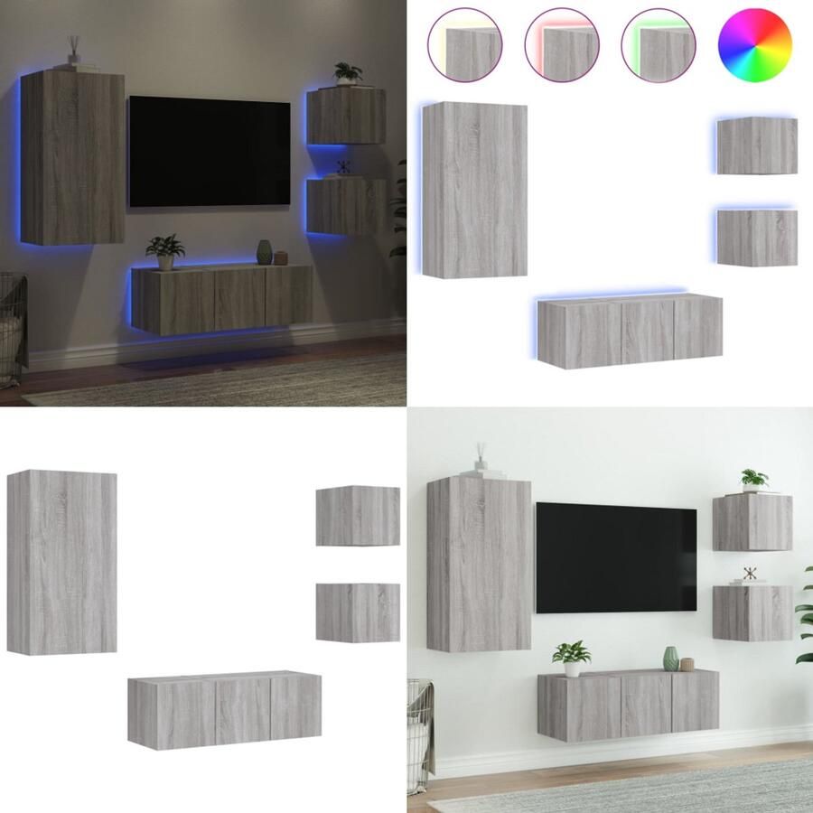 VidaXL 5-delige Tv-wandmeubelset met LED grijs sonoma eikenkleurig Tv-wandmeubel Tv-wandmeubels Tv-meubel Televisiemeubel