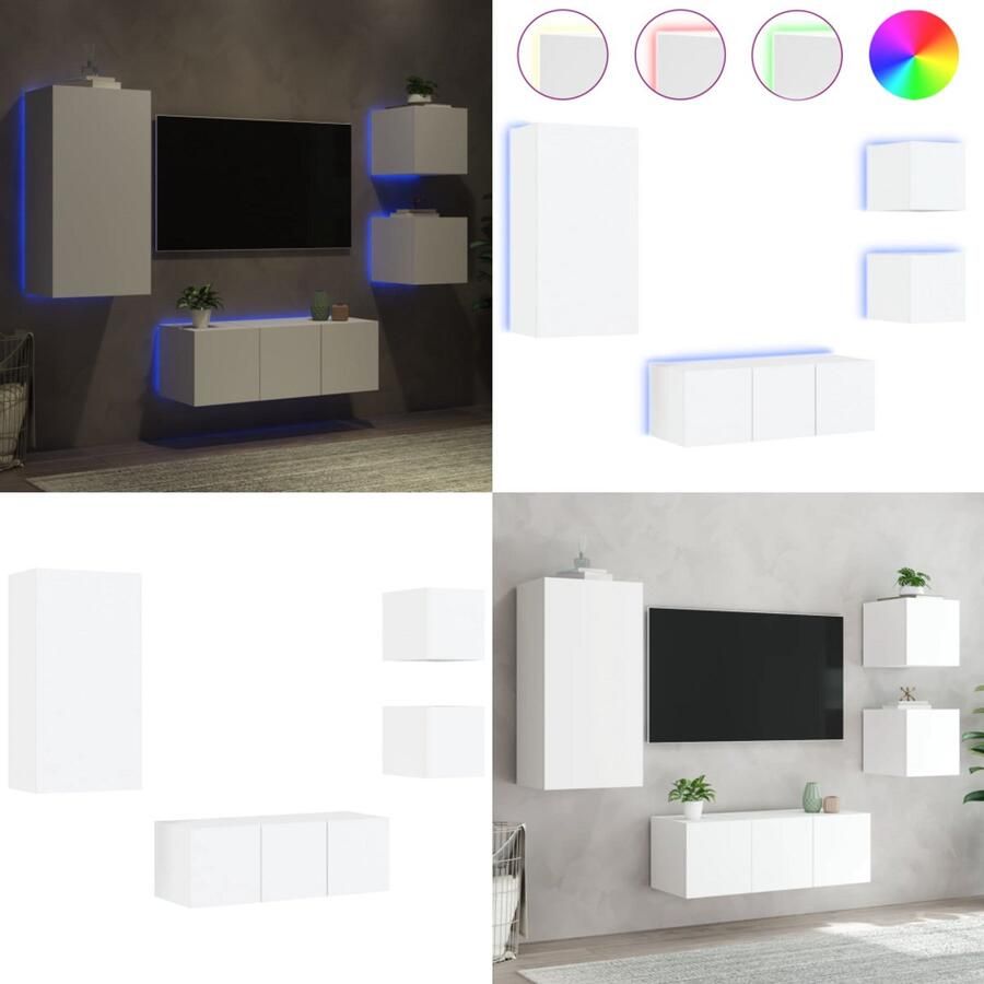 VidaXL 5-delige Tv-wandmeubelset met LED-verlichting bewerkt hout wit Tv-wandmeubel Tv-wandmeubels Tv-meubel Televisiemeubel