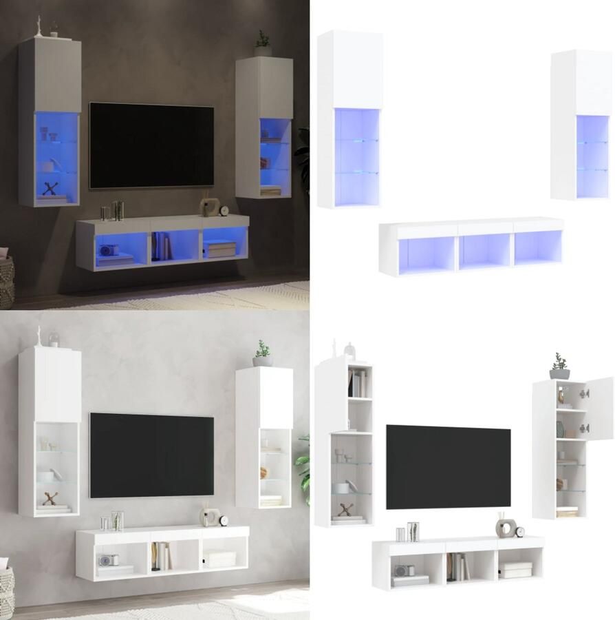 VidaXL 5-delige Tv-wandmeubelset met LED-verlichting bewerkt hout wit Tv-wandmeubel Tv-wandmeubels Tv-meubel Televisiemeubel