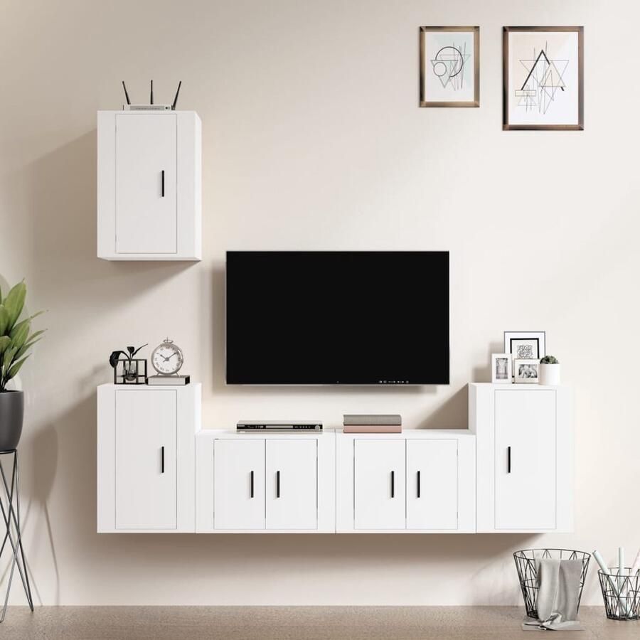 VidaXL 5-delige witte tv-meubelset hout TV Kast Salontafel Houten Tv-meubel Wandmontage Wit - Foto 2