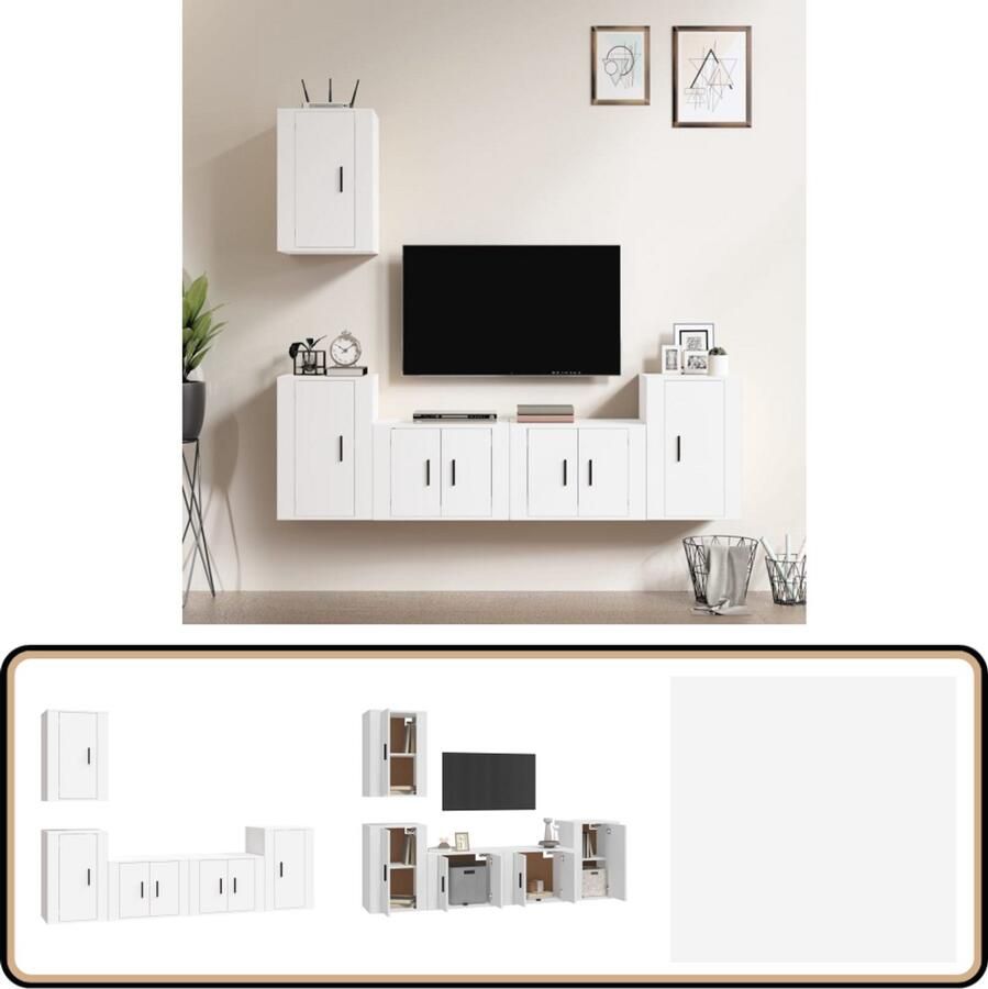 VidaXL 5-delige witte tv-meubelset hout TV Kast Salontafel Houten Tv-meubel Wandmontage Wit