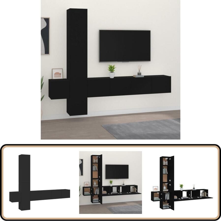 VidaXL 5-delige zwarte tv-meubelset hout TV Kast Wandmontage Houten TV Kast Zwart Tv Meubelset Salontafel Opslag