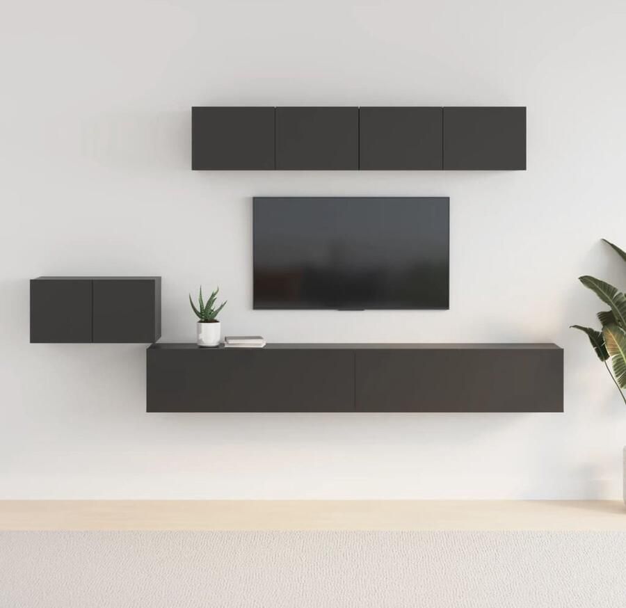 VidaXL 5-delige zwarte tv-meubelset hout TV-meubel Salontafel Houten Tv-stand Wandmontage Opbergruimte Zwart - Foto 2