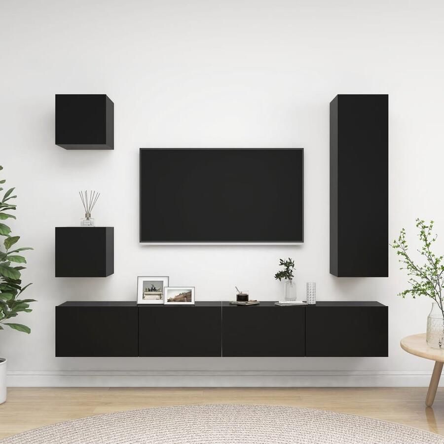 VidaXL 5-delige zwarte tv-meubelset van hout Tv Kast Tv Meubels Wandmontage Tv Houten Tv Kast Black Tv Stand Media Kast Salontafel - Foto 2