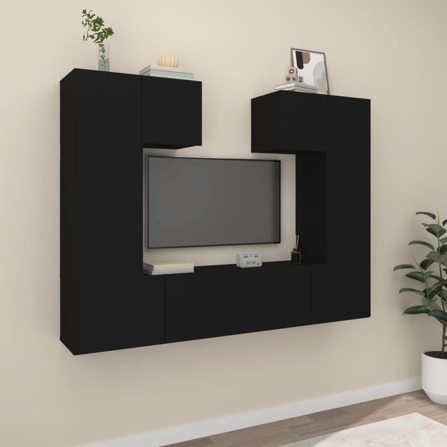 VidaXL 6-delige Tv-meubelset Bewerkt hout Zwart Tv Meubel Set Zwarte Tv Kast Wandmontage Tv Kast Houten Tv Kast Tv Meubels