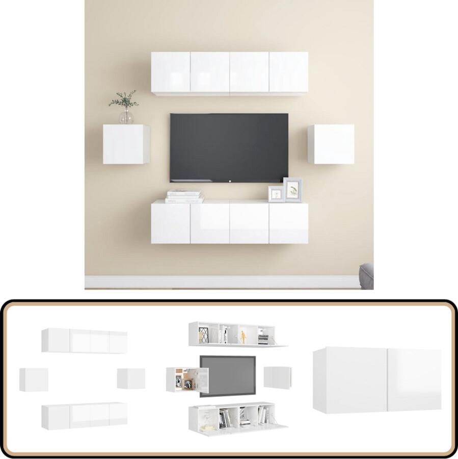 VidaXL 6-delige Tv-meubelset Hoogglans Wit Hout Televisiescherm Wandmontage Tv Kast Tv Meubels Salontafel