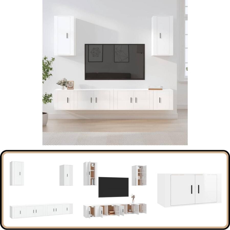 VidaXL 6-delige Tv-meubelset hoogglans wit TV Kast Salontafel Houten Tv-meubel Houtsoort Wit Tv-meubel Vintage Tv-meubel Media Kast Boekenplank Opbergruimte