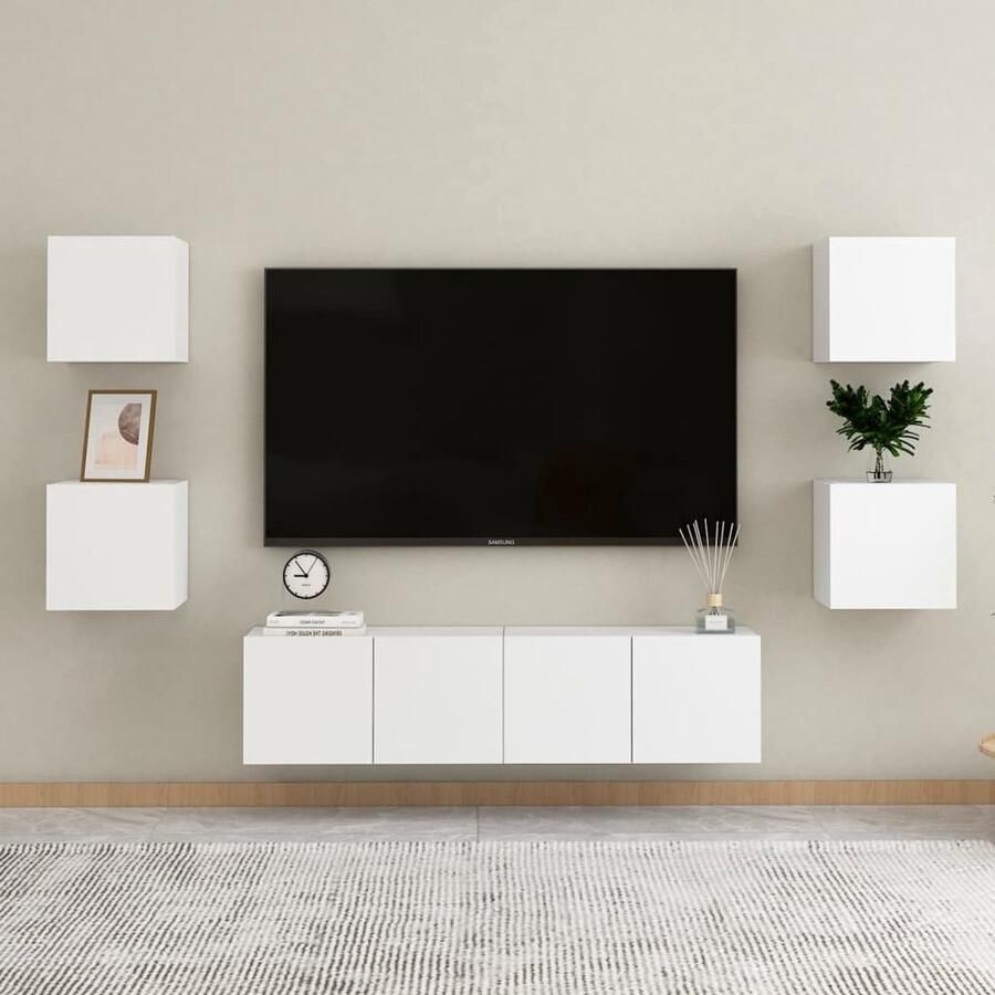 VidaXL 6-delige tv-meubelset hout wit Tv Kast Wandmontage Televisiescherm Salontafel Livingroom Furniture
