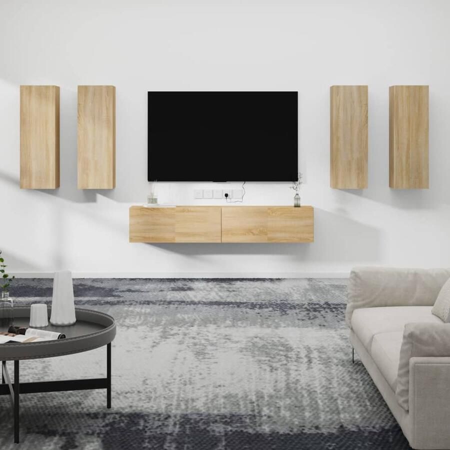 VidaXL 6-delige Tv-meubelset Sonoma eikenhout Televisiescherm Salontafel Houten Kasten Wandmontage Opbergruimte Bruine Kleur Sonoma Eiken - Foto 2
