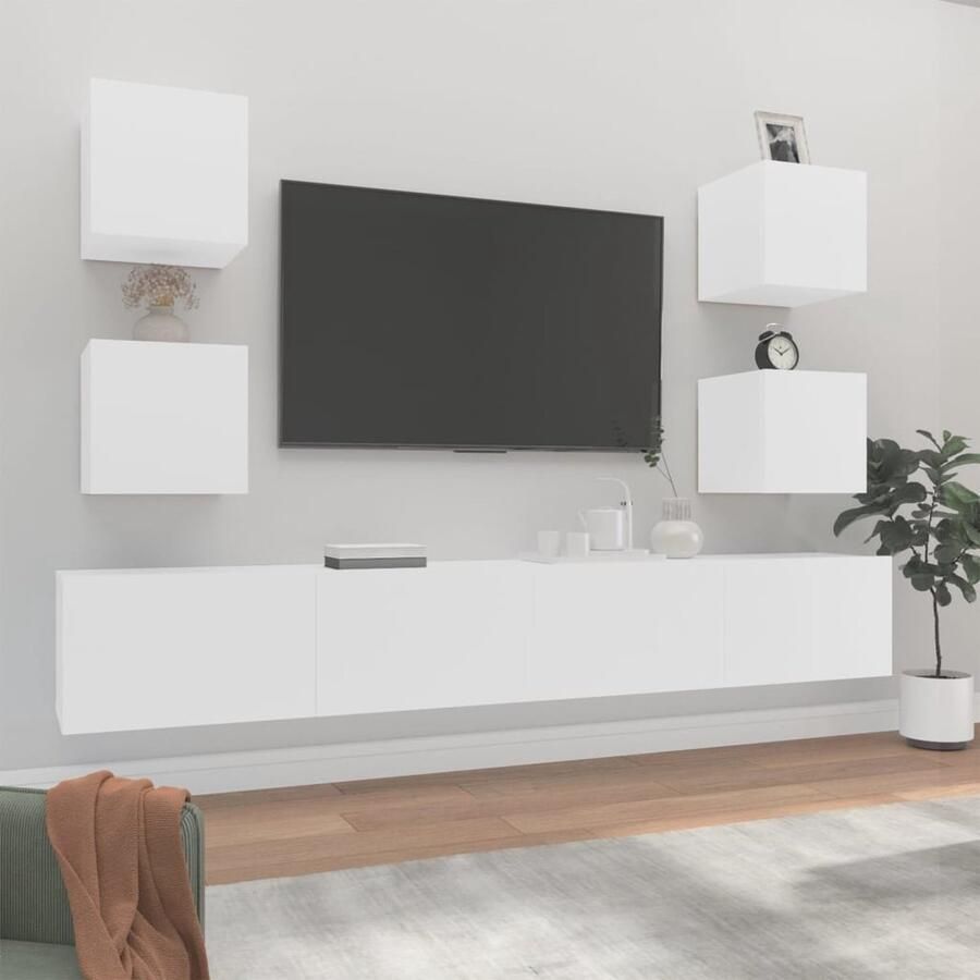 VidaXL 6-delige Tv-meubelset Wit Bewerkt Hout TV Kast Salontafel Houten TV Stand Wandmontage Opbergruimte Wit - Foto 2
