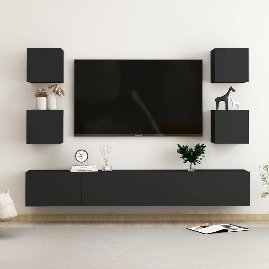VidaXL 6-delige tv-meubelset zwart hout Tv Meubel Televisiescherm Kast Salontafel Houten Tv Stand Media Kast Living Room Furniture Black Tv Cabinet - Foto 2