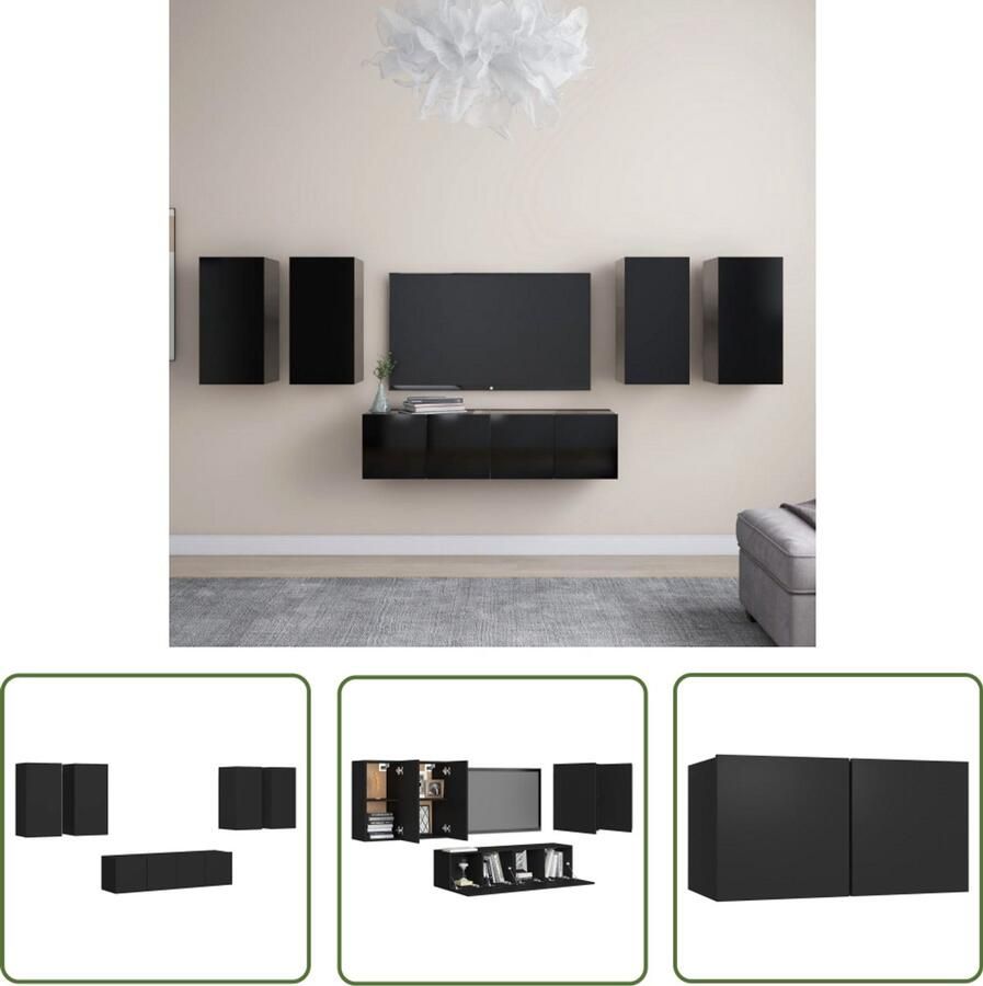 VidaXL 6-delige Tv-meubelset zwart hout Tv Meubelset TV Kasten Salontafel Media Kast Videowerkbank Entertainment Center Houten Tv Stand Zwart Tv Meubel