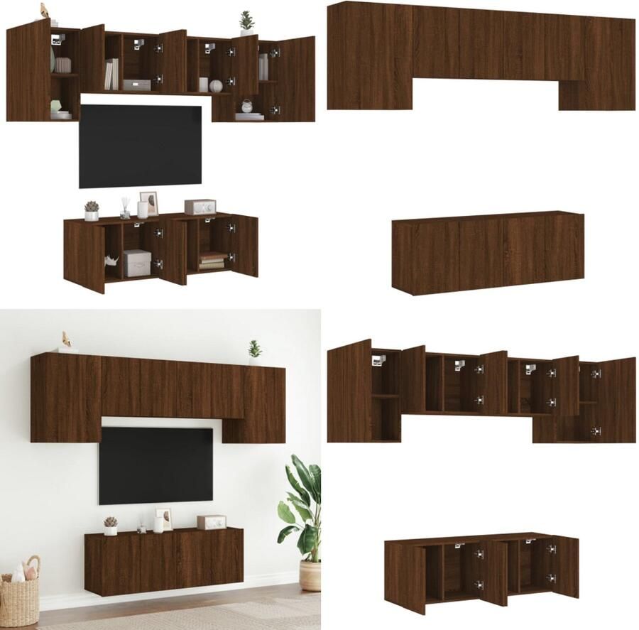 VidaXL 6-delige Tv-wandmeubelset bewerkt hout bruin eikenkleur Tv-wandmeubel Tv-wandmeubelen Tv-meubel Zwevend Tv Meubel