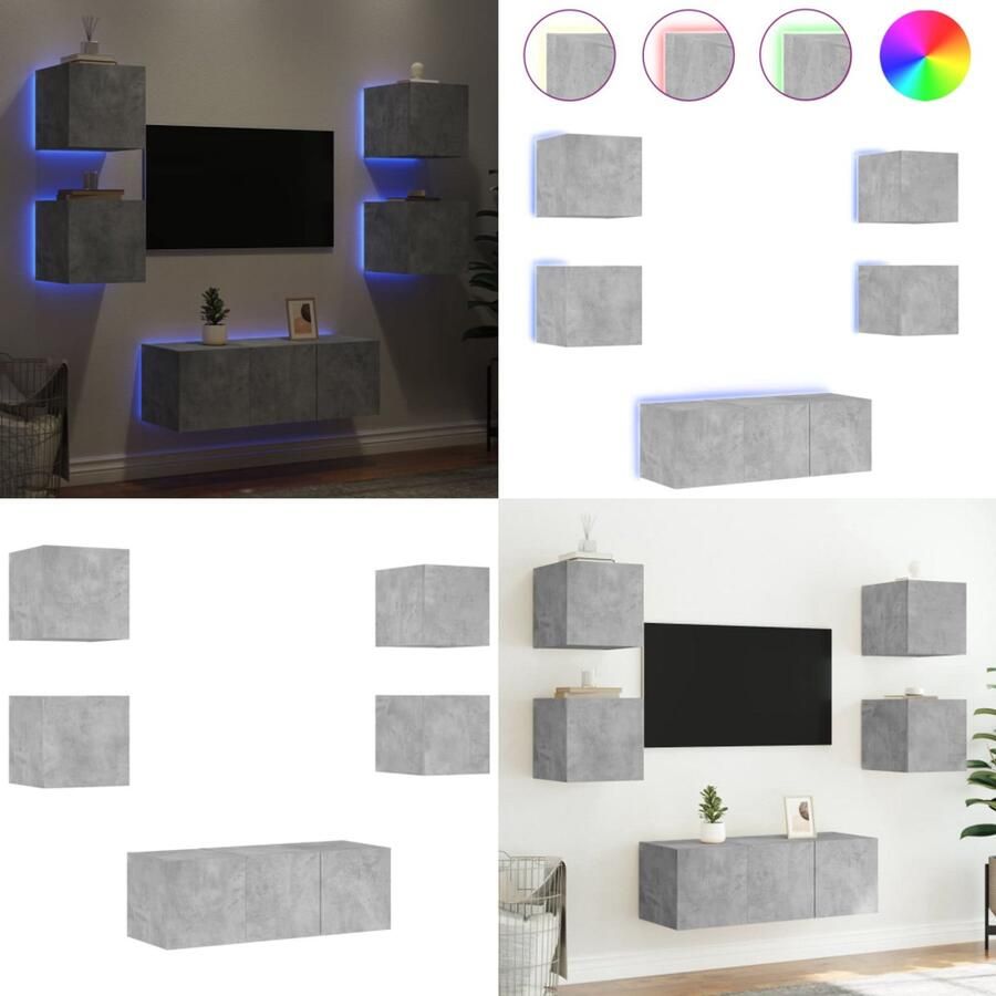 VidaXL 6-delige Tv-wandmeubelset met LED bewerkt hout betongrijs Tv-wandmeubel Tv-wandmeubels Tv-meubel Televisiemeubel