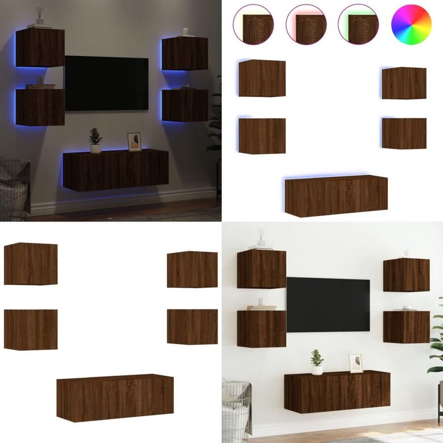 VidaXL 6-delige Tv-wandmeubelset met LED bewerkt hout bruineikenkleur Tv-wandmeubel Tv-wandmeubels Tv-meubel Televisiemeubel