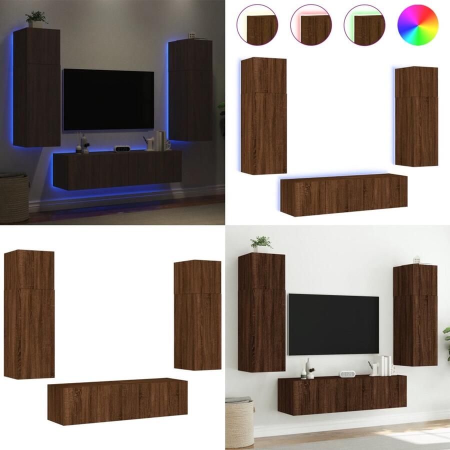 VidaXL 6-delige Tv-wandmeubelset met LED bewerkt hout bruineikenkleur Tv-wandmeubel Tv-wandmeubels Tv-meubel Televisiemeubel - Foto 2