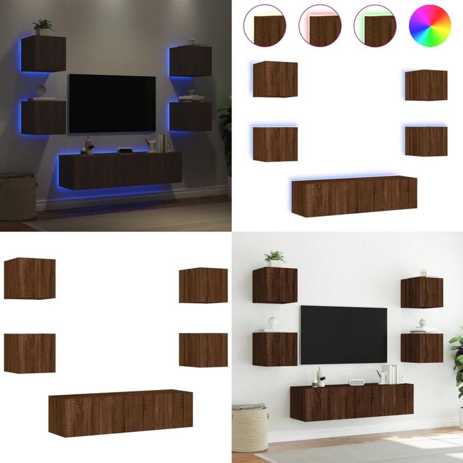 VidaXL 6-delige Tv-wandmeubelset met LED bewerkt hout bruineikenkleur Tv-wandmeubel Tv-wandmeubels Tv-meubel Televisiemeubel - Foto 3