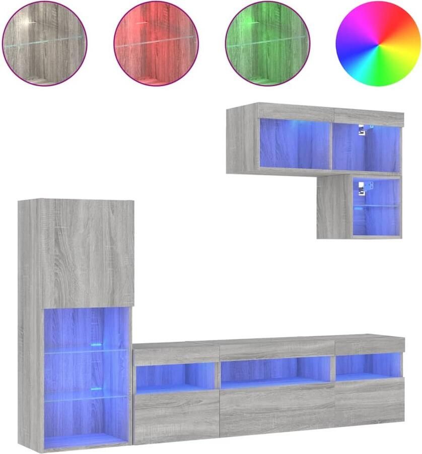 VidaXL -6-delige-Tv-wandmeubelset-met-LED-grijs-sonoma-eikenkleurig