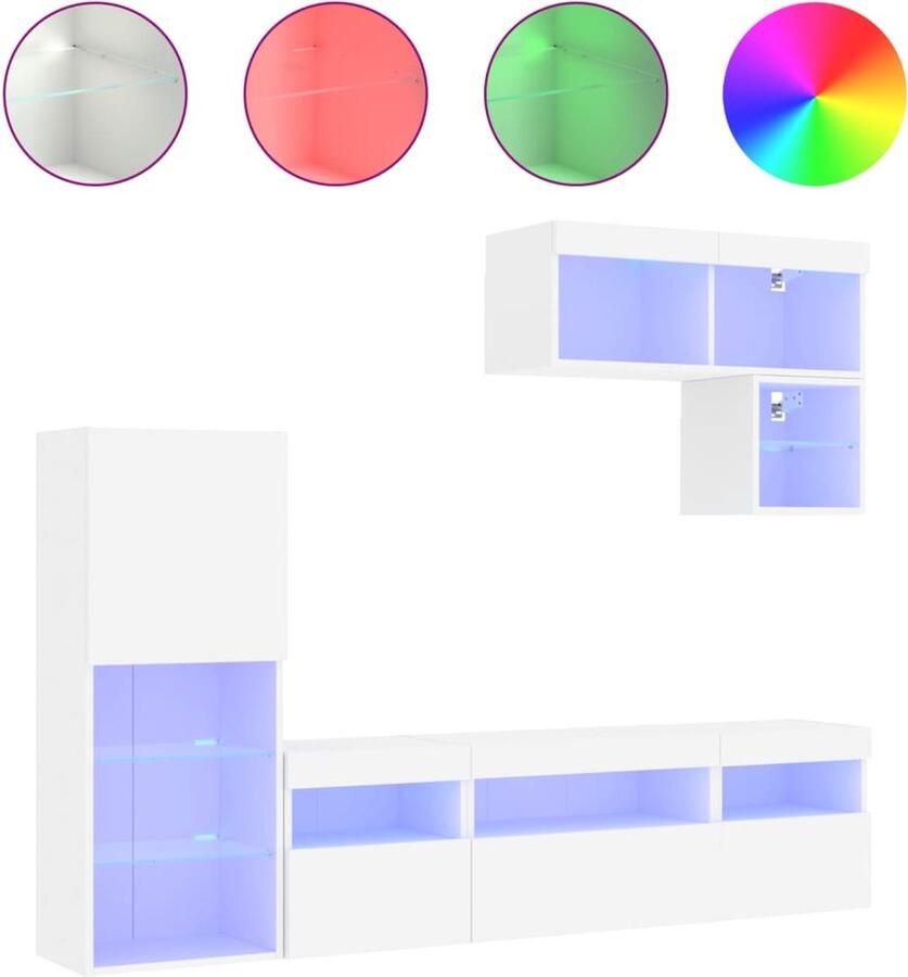 VidaXL -6-delige-Tv-wandmeubelset-met-LED-verlichting-bewerkt-hout-wit - Foto 2