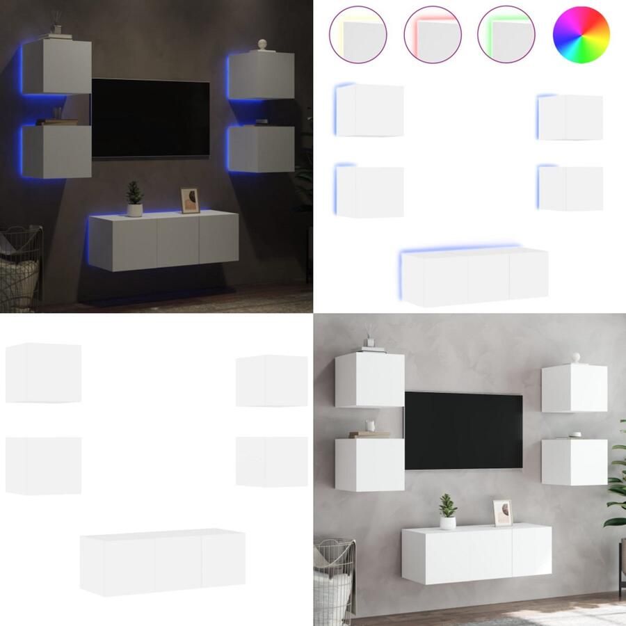 VidaXL 6-delige Tv-wandmeubelset met LED-verlichting bewerkt hout wit Tv-wandmeubel Tv-wandmeubels Tv-meubel Televisiemeubel